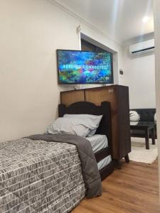 a bedroom with a bed and a flat screen tv on the wall at Short-long term Private Smart modern studio in Jamboree Heights