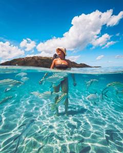 una mujer sosteniendo una tabla de surf en el agua con peces en Barefoot Kuata Island Resort, en Kuata