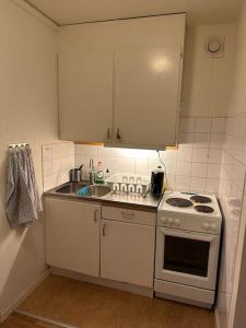 a small kitchen with a stove and a sink at Comfort zone in Stockholm