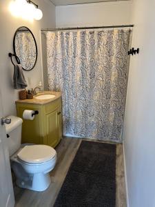 ein Bad mit einem WC und einem Duschvorhang in der Unterkunft The Sunshine Bungalow in Greensburg