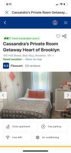a page of a bedroom with a bed and a responsive website at Cassandra’s Private Room Getaway Heart of Brooklyn in Brooklyn