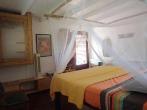 una camera con letto e finestra con tende di Atea, le Loft... un concept saintois original a Terre-de-Haut