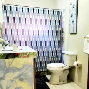 uma casa de banho com um WC e uma cortina de chuveiro em Get Away Zone em Montego Bay