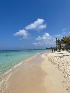 a beach with people walking on the sand and the ocean at Villas De Cisnes Starfish or Anchor floors in Roatan