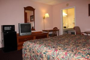 Andrew Johnson Inn في Greeneville: غرفه فندقيه سرير وتلفزيون