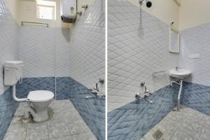 twee foto's van een badkamer met toilet en wastafel bij Anjana residency in Bangalore