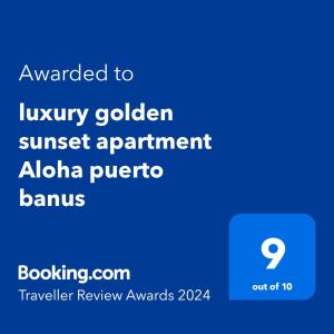 a screenshot of a phone with the text awarded to luxury golden sunset appointment albia at luxury golden sunset apartment Aloha puerto banus in Marbella