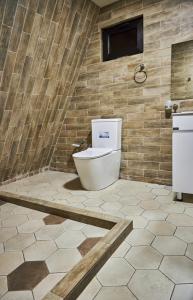ein Bad mit WC und ein TV an der Wand in der Unterkunft Ja ge • ჟა ღე in Tsalka