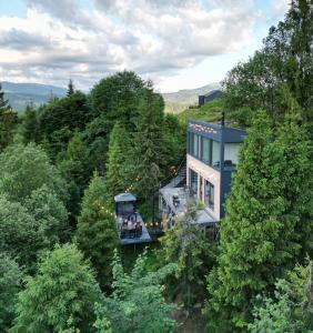 an aerial view of a house in the trees at Forest Hub in Slavske