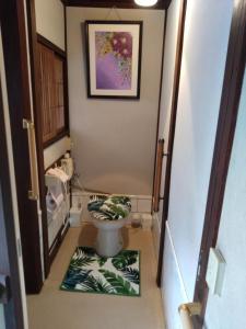 a bathroom with a toilet with green leaves mats on the floor at ゲストハウス　シン熊野 in Tanabe