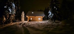 a small wooden cabin in the snow at night at Domki na Stecówce in Istebna