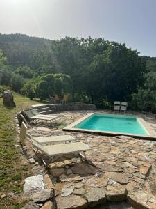 - une piscine avec 2 tables de pique-nique et une table dans l'établissement Agriturismo Campo dei Lupi, à Vicopisano