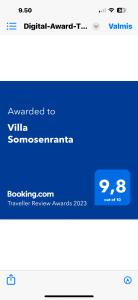 Certifikát, hodnocení, plakát nebo jiný dokument vystavený v ubytování Villa Somosenranta