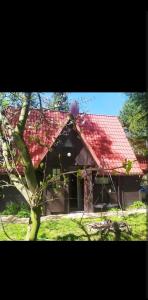 een huis met een rood dak en een boom bij Chata w górach in Porąbka