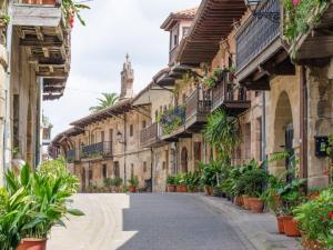 un callejón en un viejo pueblo con macetas en Casita con preciosas vistas a la montaña, en Boó de Piélagos