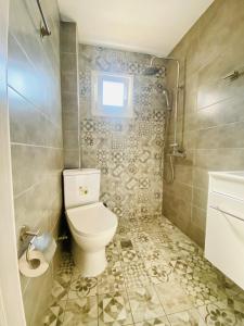 a small bathroom with a toilet and a shower at Elegant Studio in the center of city. in Thessaloniki