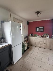 a kitchen with a white refrigerator and a red wall at Mevazara guesthouse in Malmedy