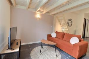 Una sala de estar con un sofá y un televisor. en La Malterie Loft in old factory - Mon Groom, en La Chapelle-Saint-Luc