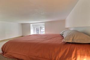 1 dormitorio con 1 cama grande con manta naranja en La Malterie Loft in old factory - Mon Groom, en La Chapelle-Saint-Luc