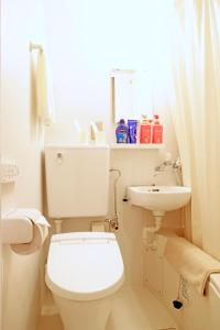 La salle de bains blanche est pourvue de toilettes et d'un lavabo. dans l'établissement Garden House Umenoya Otaru, à Otaru