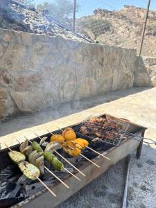a barbecue grill with meat and vegetables on skewers at Hiking break 