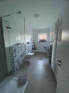 a bathroom with a shower and a toilet and a sink at Ferienwohnung AllerStall in Buchholz Aller
