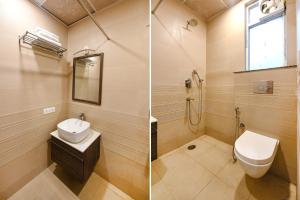 two pictures of a bathroom with a toilet and a sink at FabHotel Royal Residency I in New Delhi