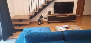 a living room with a blue couch and a tv at Willa ViWaldi Janowa Góra in Sienna