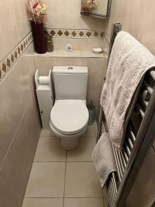 a small bathroom with a white toilet and towels at 2 bedrooms Bell Cottage in Hoddesdon