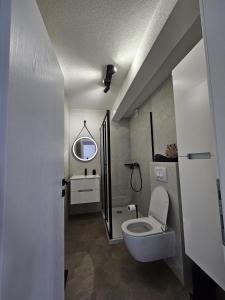 uma casa de banho com um WC, um lavatório e um espelho. em Apartman 33 em Kiseljak