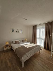 um quarto com uma cama e uma grande janela em Apartman 33 em Kiseljak
