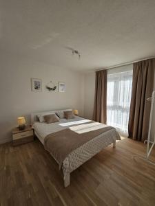 um quarto com uma cama e uma grande janela em Apartman 33 em Kiseljak
