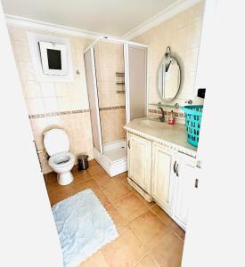 La salle de bains est pourvue de toilettes, d'un lavabo et d'un miroir. dans l'établissement Уютная квартира рядом с морем, à Kemer