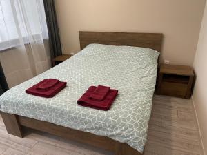 uma cama com duas toalhas vermelhas em cima em Borovets gardens Studios A11&A12 em Borovets