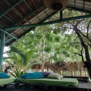 2 camas en una habitación con árboles en el fondo en The Jungle House, en Arugam Bay