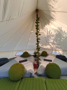 a group of three beds in a tent at Glamping Laos in Luang Prabang