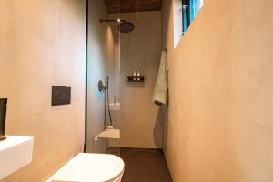 a small bathroom with a toilet and a shower at WoodHouse Denmark in Hadsund