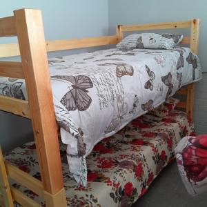 a bedroom with two bunk beds with a butterfly blanket at TRASHAVEN - Seaside Haven Backpackers in Durban