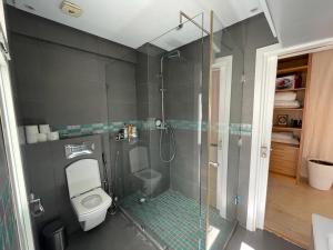 La salle de bains est pourvue d'une douche, de toilettes et d'un lavabo. dans l'établissement Central, terrasse, confortable - Bleue résidence, à Casablanca