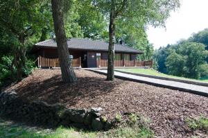 a log cabin with two trees in front of it at Das Ferienhaus Mondschein im Land der tausend Berge - Erholung Pur in idyllischer Alleinlage in Lennestadt