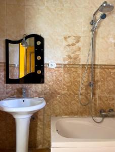 a bathroom with a sink and a shower with a mirror at Mad Vervet Backpackers Hostel in Addis Ababa