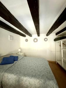 ein Schlafzimmer mit einem großen Bett mit blauen Kissen in der Unterkunft Apartamento con encanto en el corazón de Chueca, Madrid in Madrid