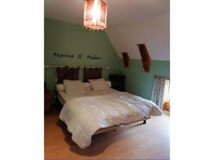 una camera con letto e parete verde di Maison de Famille de 1823 a Chastreix