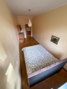 een slaapkamer met een bed in de hoek van een kamer bij Cozy two-room apartment in Druskininkai