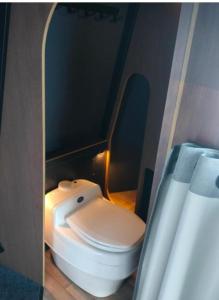 a bathroom with a white toilet in a room at Aurora Hut Salla in Tikkala