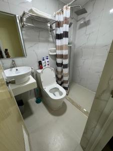 La salle de bains est pourvue de toilettes, d'un lavabo et d'une douche. dans l'établissement Studio Guest Suite Near The New EVRMC Hospital & San Juanico Bridge Tacloban City, Leyte, Philippines, à Tacloban
