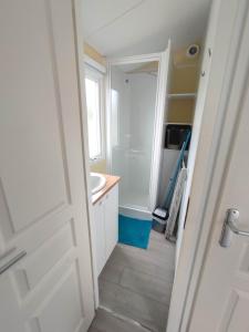 a bathroom with a white door and a sink at Mobil-home Côté Mur in Holque