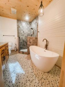 a bathroom with a large tub and a shower at The Hummingbird Haven in Hasty