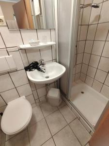 Gasthof zu den Linden 61225 في Moormerland: حمام مع مرحاض ومغسلة ودش