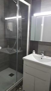 een badkamer met een douche, een wastafel en een spiegel bij Le Castel du Cantal Groupe Village Fani in Thiézac